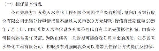 沛尔膜业关联方拟向银行申请不超过200万贷款 江苏蓝天水净化设备有限公司以自有土地提供抵押担保